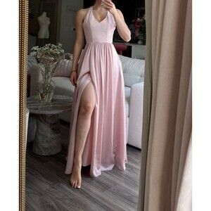 White by Vera Wang Maxi Dress Size 0 Blush Pink Satin Halter Bow Back Bridesmaid